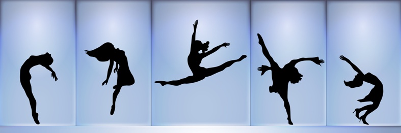panoramic silhouette of five dancers on blue glowing background